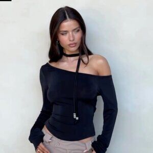 Tiger Mist tie neck off-shoulder top